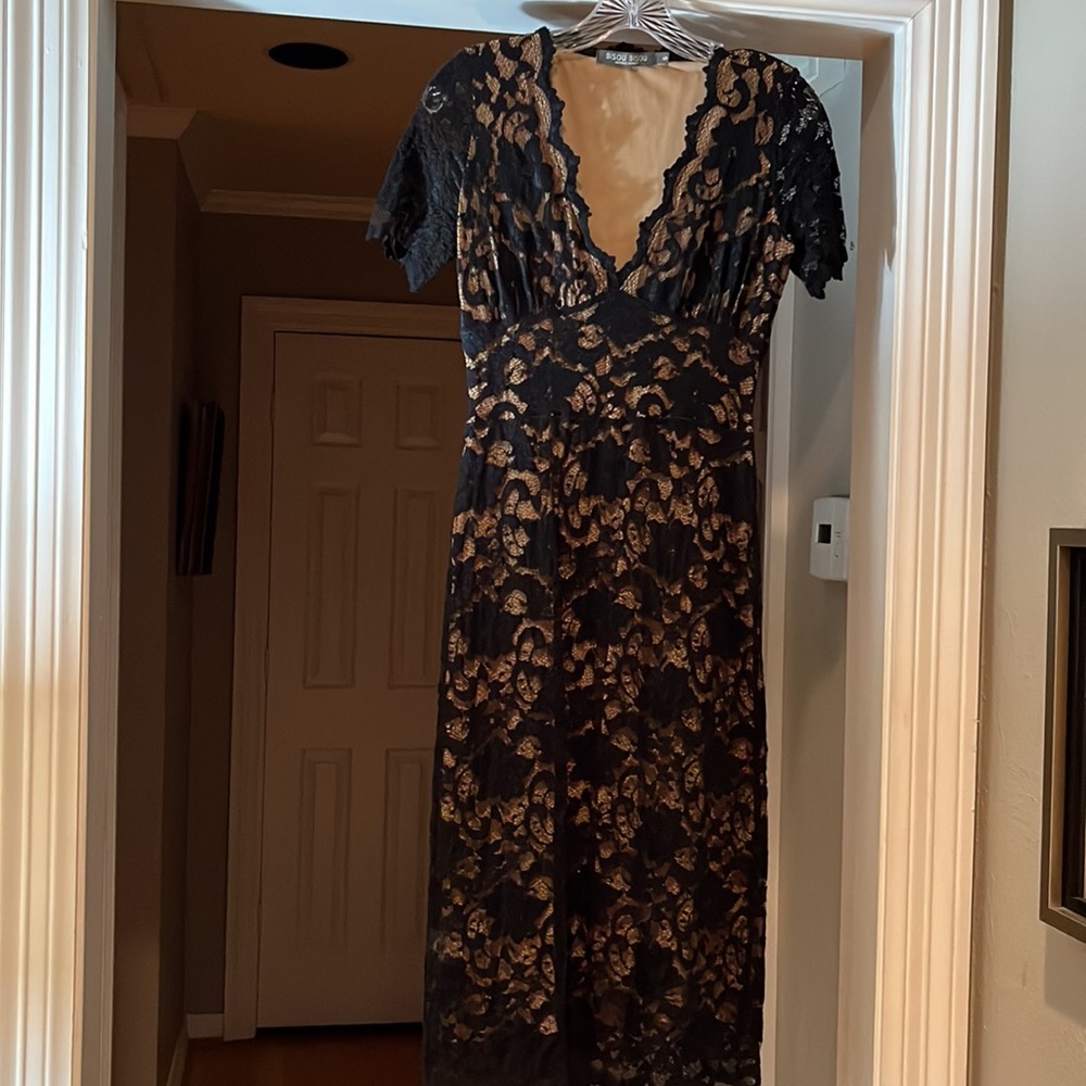 Bisou Bisou Vintage Black Lace Illusion Midi Dress Lined Plunge Size S